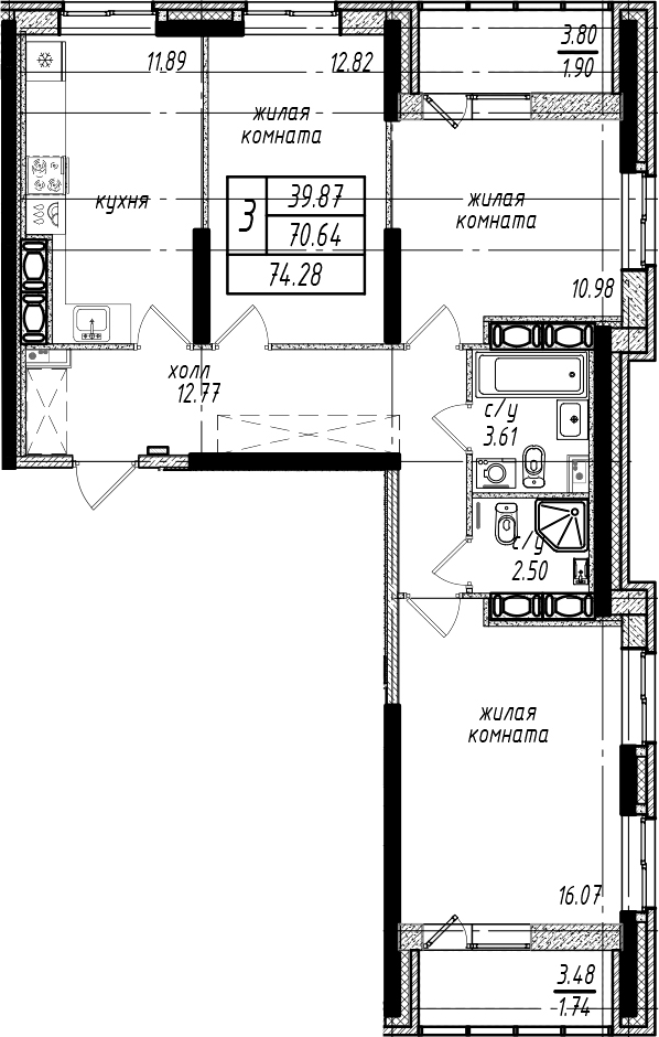3-комнатная квартира 74.28 м², 18/25 эт., ЖК «Северная Долина»